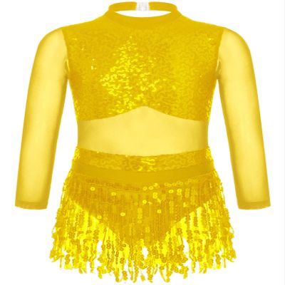 Agoky Kids Girls Sequins Tassel Ballet Latin Dance Dress Long Sleeve Hollow Back Jazz Salsa Rumba Samba Belly Dance Costume Gold 12 Years
