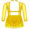 Agoky Kids Girls Sequins Tassel Ballet Latin Dance Dress Long Sleeve Hollow Back Jazz Salsa Rumba Samba Belly Dance Costume Gold 12 Years view 2