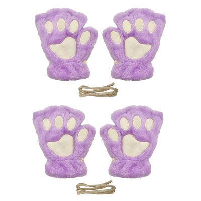 Magik Cat Claw Bear Paw Gloves Women Warm Plush Faux Fur Cosplay Fingerless Mittens (2 Pairs, Purple)
