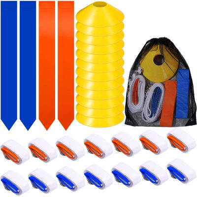 Flag Football Set, 14 Player Adjustable Belts with Cones Includes 14 Easy Tear Away Belts, 28 Football Flags, 12 Cones, 1 Carrying Bag for Youths, Adults Sport Team Training(Blue, Orange)
