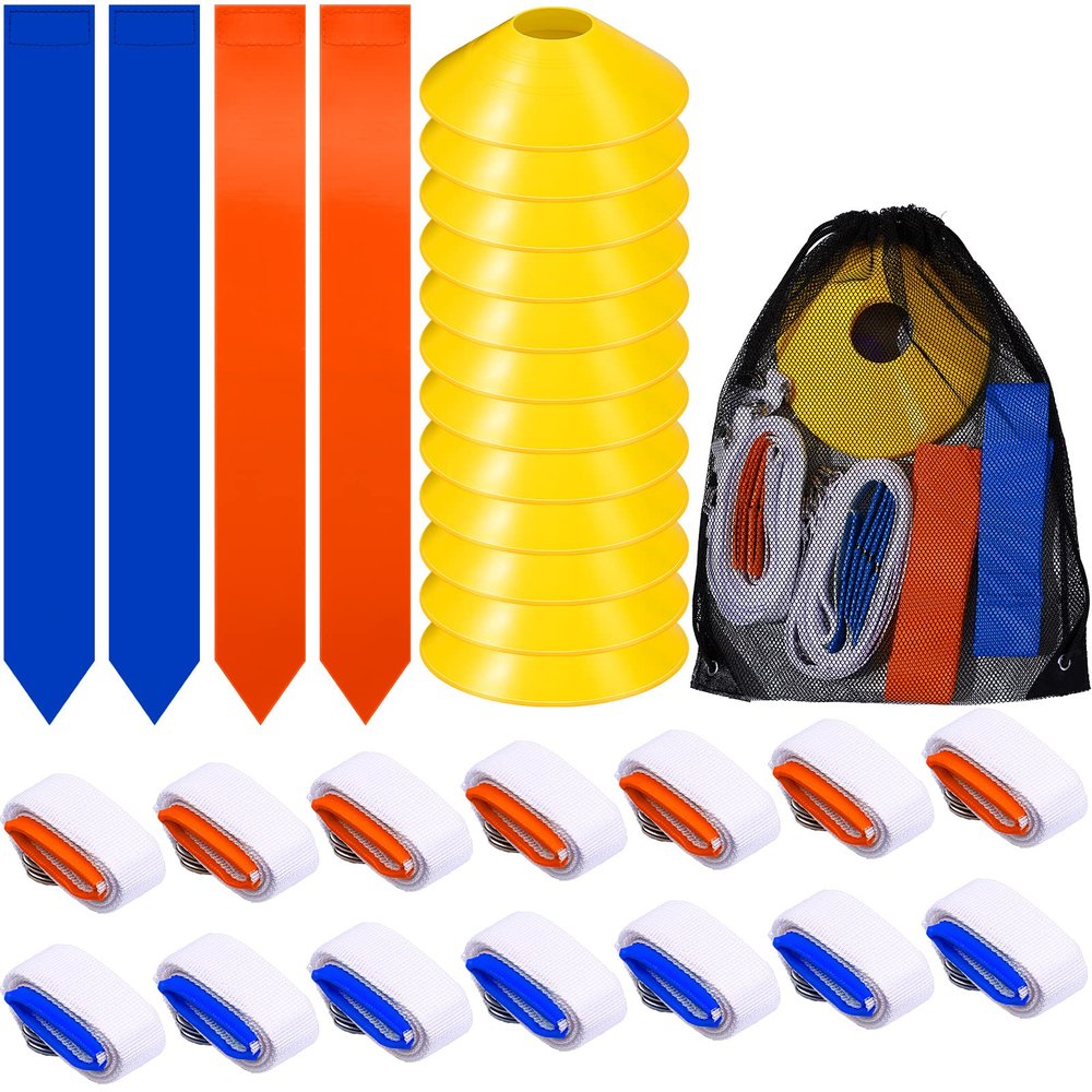 Flag Football Set, 14 Player Adjustable Belts with Cones Includes 14 Easy Tear Away Belts, 28 Football Flags, 12 Cones, 1 Carrying Bag for Youths, Adults Sport Team Training(Blue, Orange)