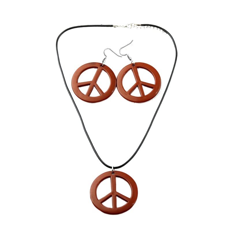 Colorful Love Peace Sign Necklace Set Symbol Pendant Long Hippie Halloween Rainbow for Women Men 1960s 1970s Party Hipster Accessories-Brown