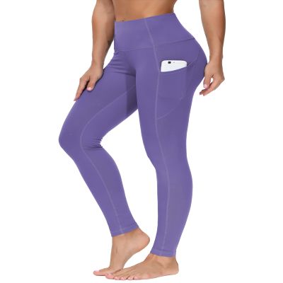 THE GYM PEOPLE Thick High Waist Yoga Pants with Pockets, Tummy Control Workout Running Yoga Leggings for Women (Large, Bright Purple)
