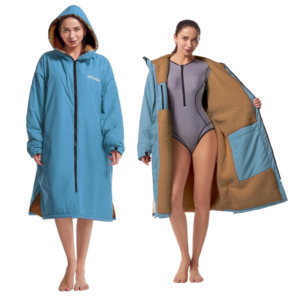 Hiturbo Warm Waterproof Swim Parka: Oversized Hooded Changing Robe - Sherpa Liner Swimming Coat - Recycled Fabric Surf Poncho (Blue)