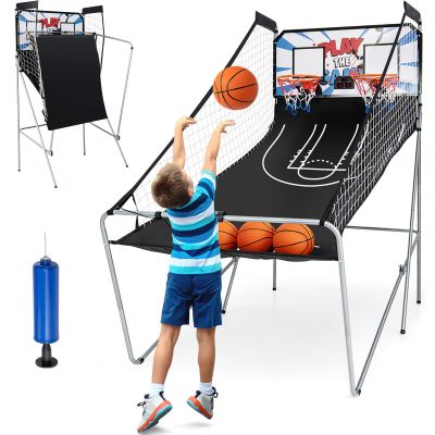 Goplus Foldable Dual Shot Basketball Arcade Game, Electronic Basketball Hoop w/LCD Scoreboard, 8 Game Modes, 4 Balls, Indoor Outdoor Basketball Game Machine for Adults (White+Blue)