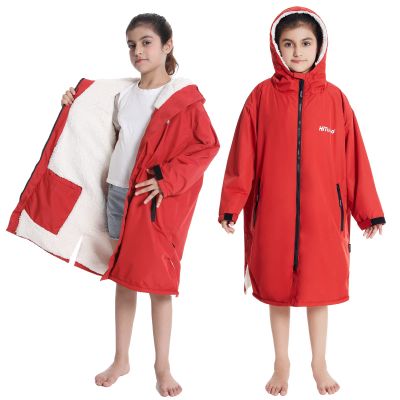 Hiturbo Warm Kids Swim Parka: Waterproof Changing Robe - Oversize Swimming Coat - Hooded Surf Poncho - Sherpa Fleece Lining (Red)