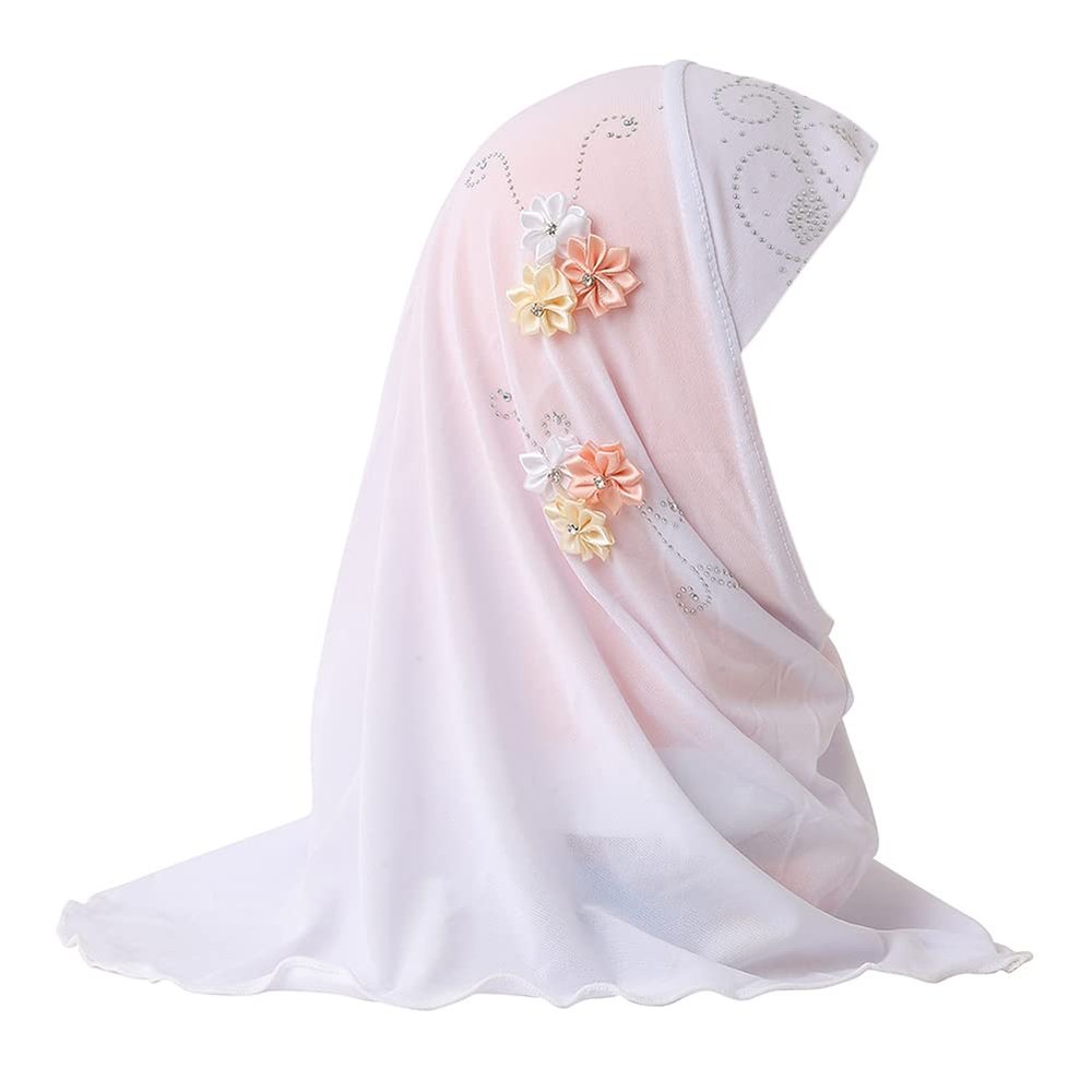 Girl Muslim Turban One Piece Floral Hijab Modest Fashion Al Amira Islamic Long Shawl Head Wrap Arab Kid Sequin Headwear Scarf White, 4-8 Years