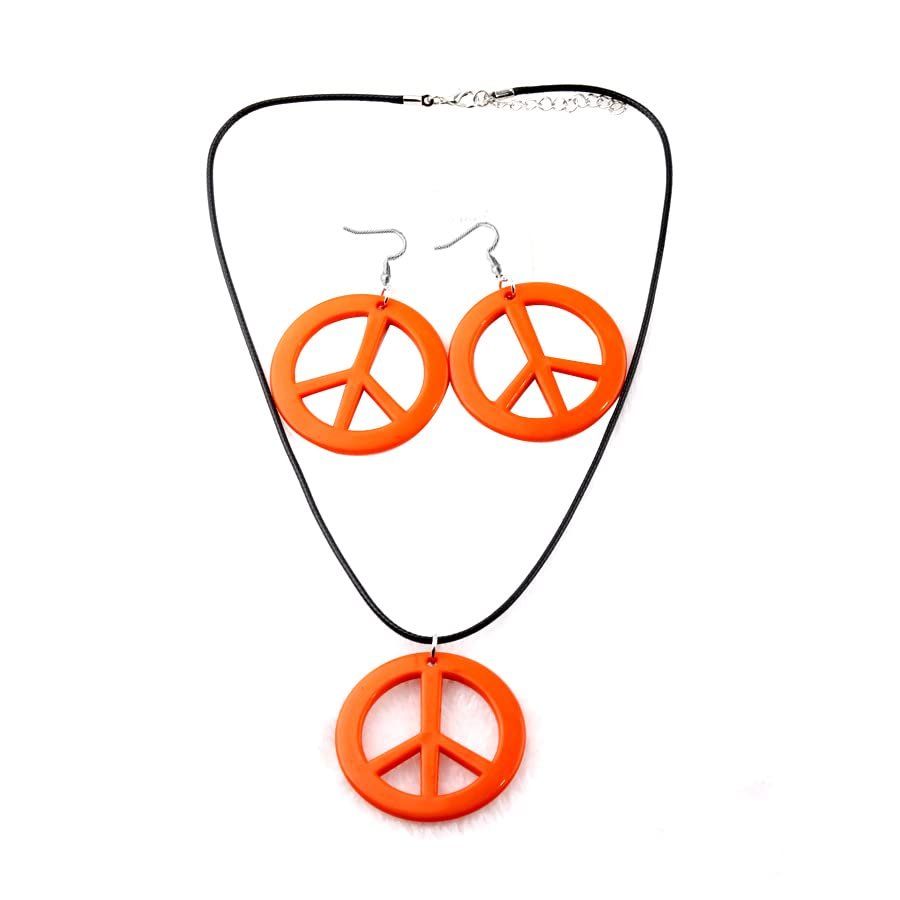 Colorful Love Peace Sign Necklace Set Symbol Pendant Long Hippie Halloween Rainbow for Women Men 1960s 1970s Party Hipster Accessories-Orange