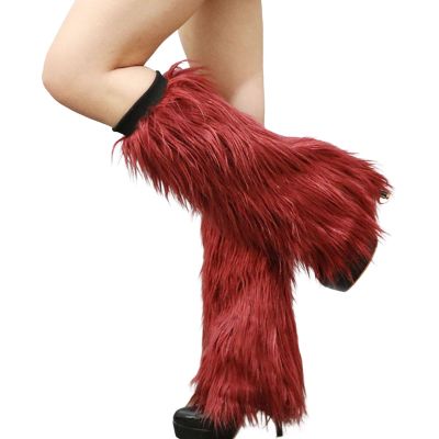 Altsuceser Fuzzy Faux Fur Leg Warmers for Women, Long Boots Shoes Cuff Cover, Knee-length Hipster Warm Sock Wine Red 30cm