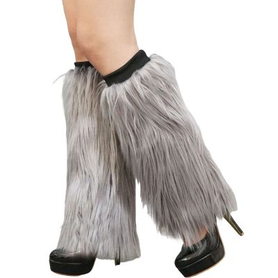 Altsuceser Fuzzy Faux Fur Leg Warmers for Women, Long Boots Shoes Cuff Cover, Knee-length Hipster Warm Sock Grey 30cm