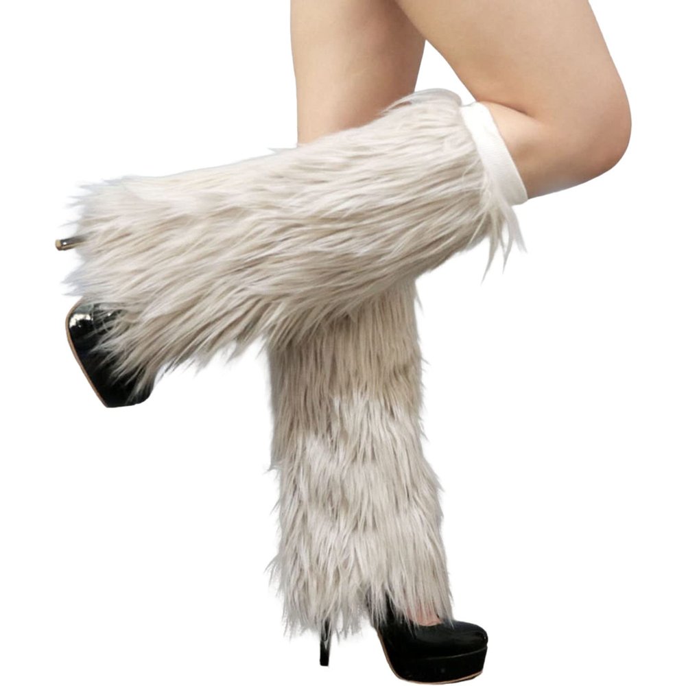 Altsuceser Fuzzy Faux Fur Leg Warmers for Women, Long Boots Shoes Cuff Cover, Knee-length Hipster Warm Sock Apricot 30cm