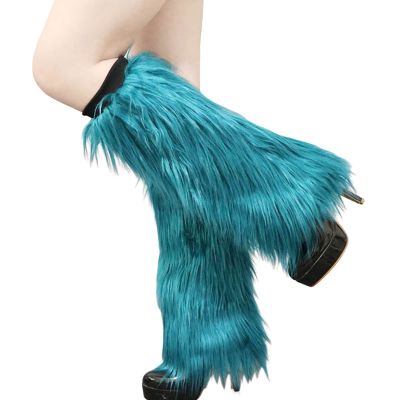 Altsuceser Fuzzy Faux Fur Leg Warmers for Women, Long Boots Shoes Cuff Cover, Knee-length Hipster Warm Sock Lake Blue 30cm
