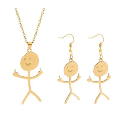 COLORFUL BLING Set Funny Doodle Smile Face Necklace Earrings Chain Link Pendant Necklace Drop Dangle Earrings for Women Men Jewelry Gifts Unique Handmade Aesthetic Trendy Simple-Gold Set