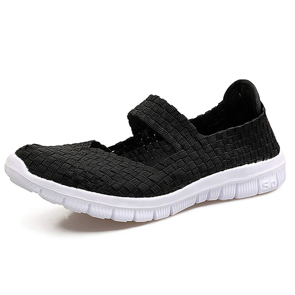 AngryMonkey Women Elastic Woven Walking Shoes Flats Sandals,Comfy Casual Non Slip Lightweight Breathable Mary Jane Sneakers Nurse Shoes (7,Black,7)