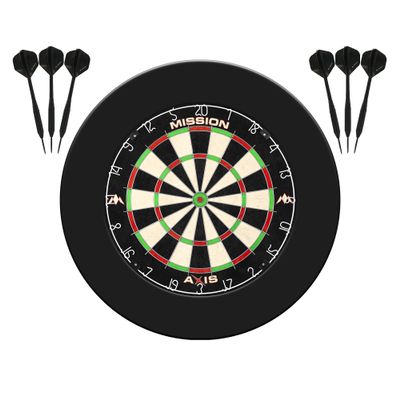 Mission Darts Axis Home Centre | Darts and Dartboard Complete Bundle Including Surround and Oche with 2 Sets of Darts, Black (SU082)