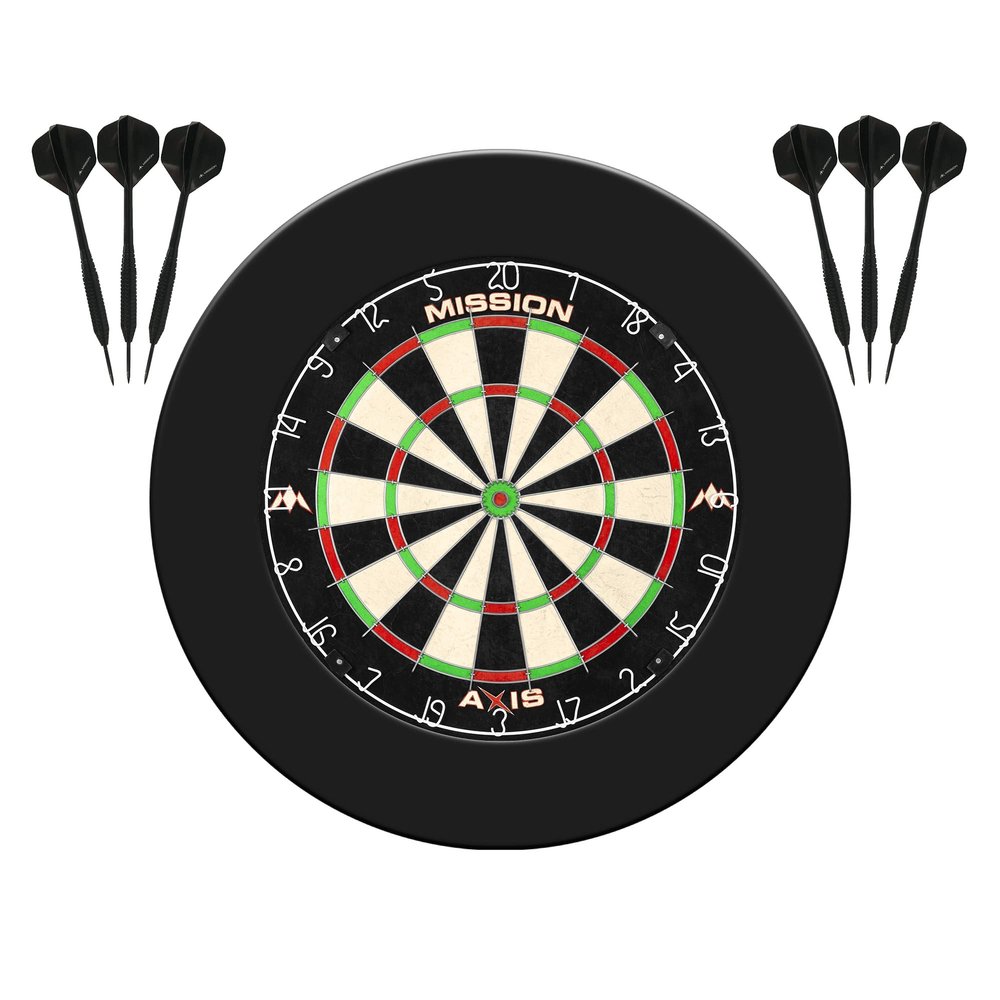 Mission Darts Axis Home Centre | Darts and Dartboard Complete Bundle Including Surround and Oche with 2 Sets of Darts, Black (SU082)
