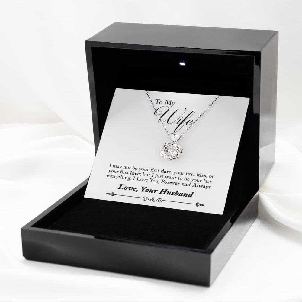 Heart Knot Silver Necklace Luxury Box to My Wife Forever and Always Anniversary, Birthday, Appreciation Gift Heart Knot Necklace