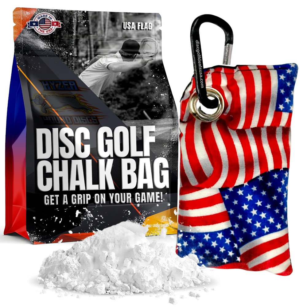 Disc Golf Chalk Bag | Attaches to Bag with a Carabiner | Better than Rosin & Sawdust Bags | Improve Your Grip for Consistency | Disc Golf Accessories for Men | Disc Grip Enhancer (USA Flag)