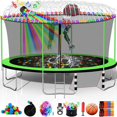 Goujxcy 12FT 14FT 16FT Trampoline for Kids Adults, 1500 LBS Outdoor Trampolines with Basketball Hoop, Lights with Speaker, Sprinkler, Enclosure, Ladder, Recreational Backyard Bounce Happy Green 16 FT