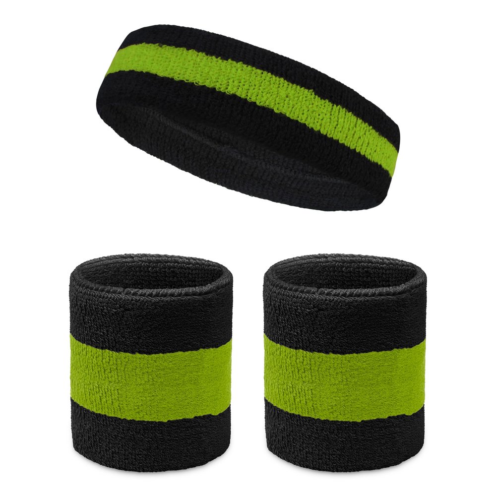 COUVER Sweatband Set Sports Headband Wristband Set Terry Cloth Moisture Wicking Sweat Absorbing Wrist Sweatbands Head Sweatband, Black/Bright Lime Green/Black