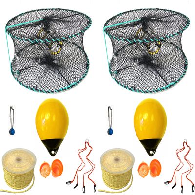 2-Pack of KUFA Sports Foldable Prawn Trap (Stretched Mesh Size:1-1/8") with 400' Rope, Yellow Float, Plastic Vented Bait Cage & Harness Combo (PRN58+PAPH38Y) X2