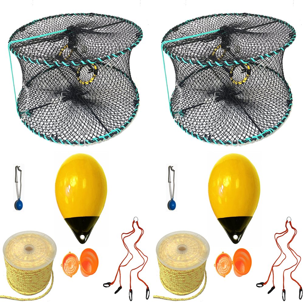 2-Pack of KUFA Sports Foldable Prawn Trap (Stretched Mesh Size:1-1/8") with 400' Rope, Yellow Float, Plastic Vented Bait Cage & Harness Combo (PRN58+PAPH38Y) X2