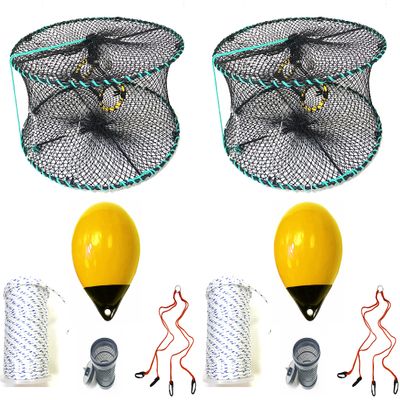 2-Pack of KUFA Sports Foldable Prawn Trap (Stretched Mesh Size:1-1/8") with 400' Rope, Yellow Float, Bait Bag & Harness Combo (PRN58+PNMH38Y+HA2) X2