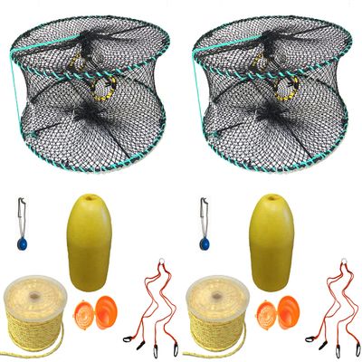 2-Pack of KUFA Sports Foldable Prawn Trap (Stretched Mesh Size:1-1/8") with 400' Rope, Yellow Float, Plastic Vented Bait Cage & Harness Combo (PRN58+PAPH3) X2