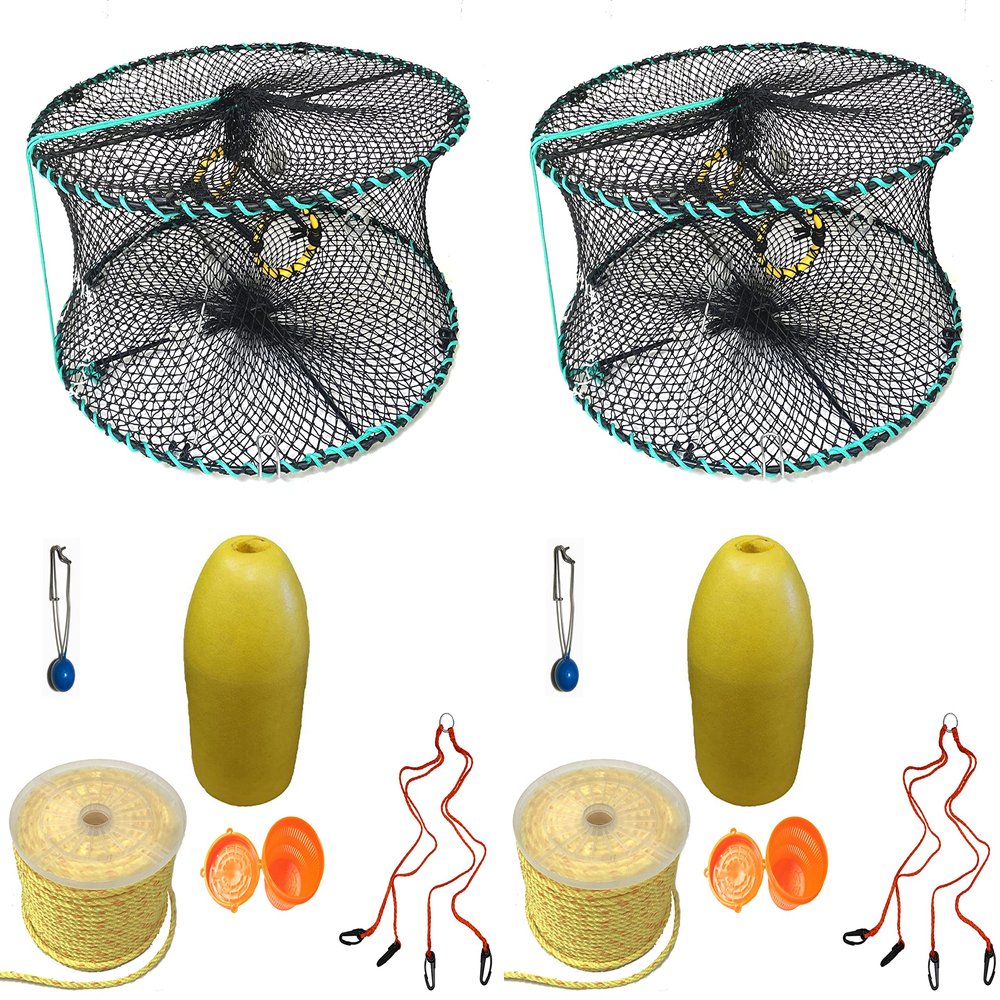2-Pack of KUFA Sports Foldable Prawn Trap (Stretched Mesh Size:1-1/8") with 400' Rope, Yellow Float, Plastic Vented Bait Cage & Harness Combo (PRN58+PAPH3) X2