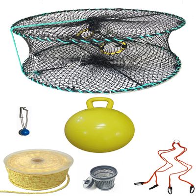 KUFA Sports Foldable Prawn Trap (Stretched Mesh Size:1-1/8") with 400' Rope, Yellow Float, Bait Bag & Harness Combo (PRN58+PNP5+HA2)