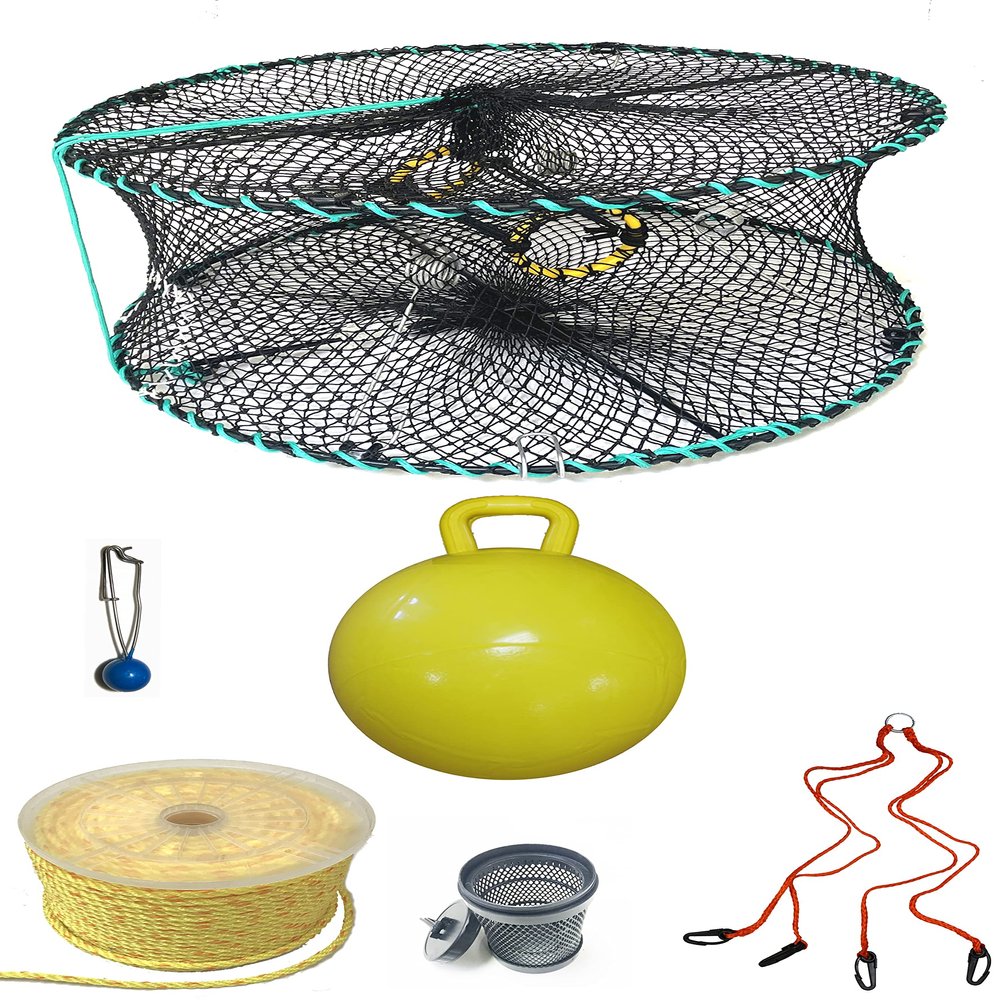 KUFA Sports Foldable Prawn Trap (Stretched Mesh Size:1-1/8") with 400' Rope, Yellow Float, Bait Bag & Harness Combo (PRN58+PNP5+HA2)