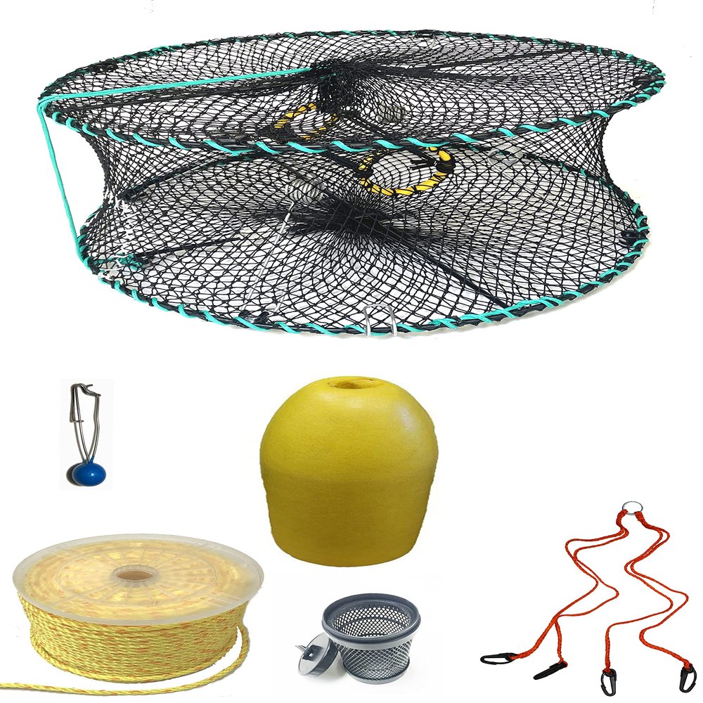 KUFA Sports Foldable Prawn Trap (Stretched Mesh Size:1-1/8") with 400' Rope, Yellow Float, Bait Bag & Harness Combo (PRN58+PNP1+HA2)