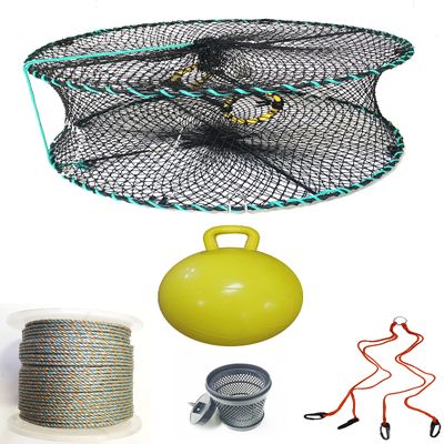 KUFA Sports Foldable Prawn Trap (Stretched Mesh Size:1-1/8") with 400' Rope, Yellow Float, Bait Bag & Harness Combo (PRN58+PNQ5+HA2)