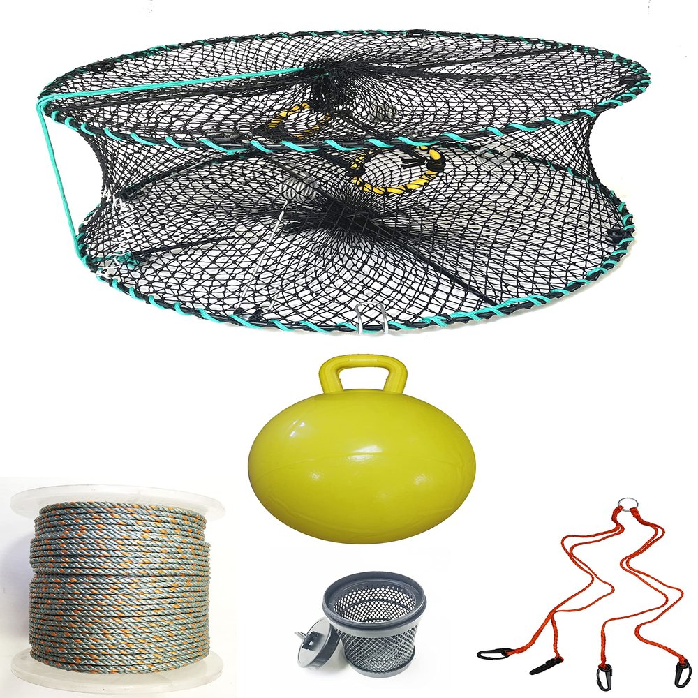 KUFA Sports Foldable Prawn Trap (Stretched Mesh Size:1-1/8") with 400' Rope, Yellow Float, Bait Bag & Harness Combo (PRN58+PNQ5+HA2)