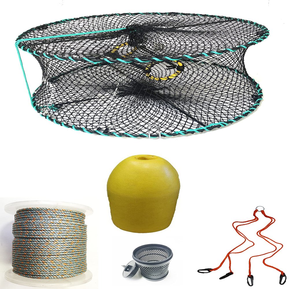 KUFA Sports Foldable Prawn Trap (Stretched Mesh Size:1-1/8") with 400' Rope, Yellow Float, Bait Bag & Harness Combo (PRN58+PNL3+HA2)