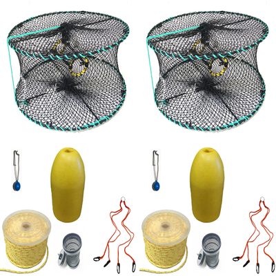 2-Pack of KUFA Sports Foldable Prawn Trap (Stretched Mesh Size:1-1/8") with 400' Rope, Yellow Float, Bait Bag & Harness Combo ((PRN58+PNP3+HA2) X2)