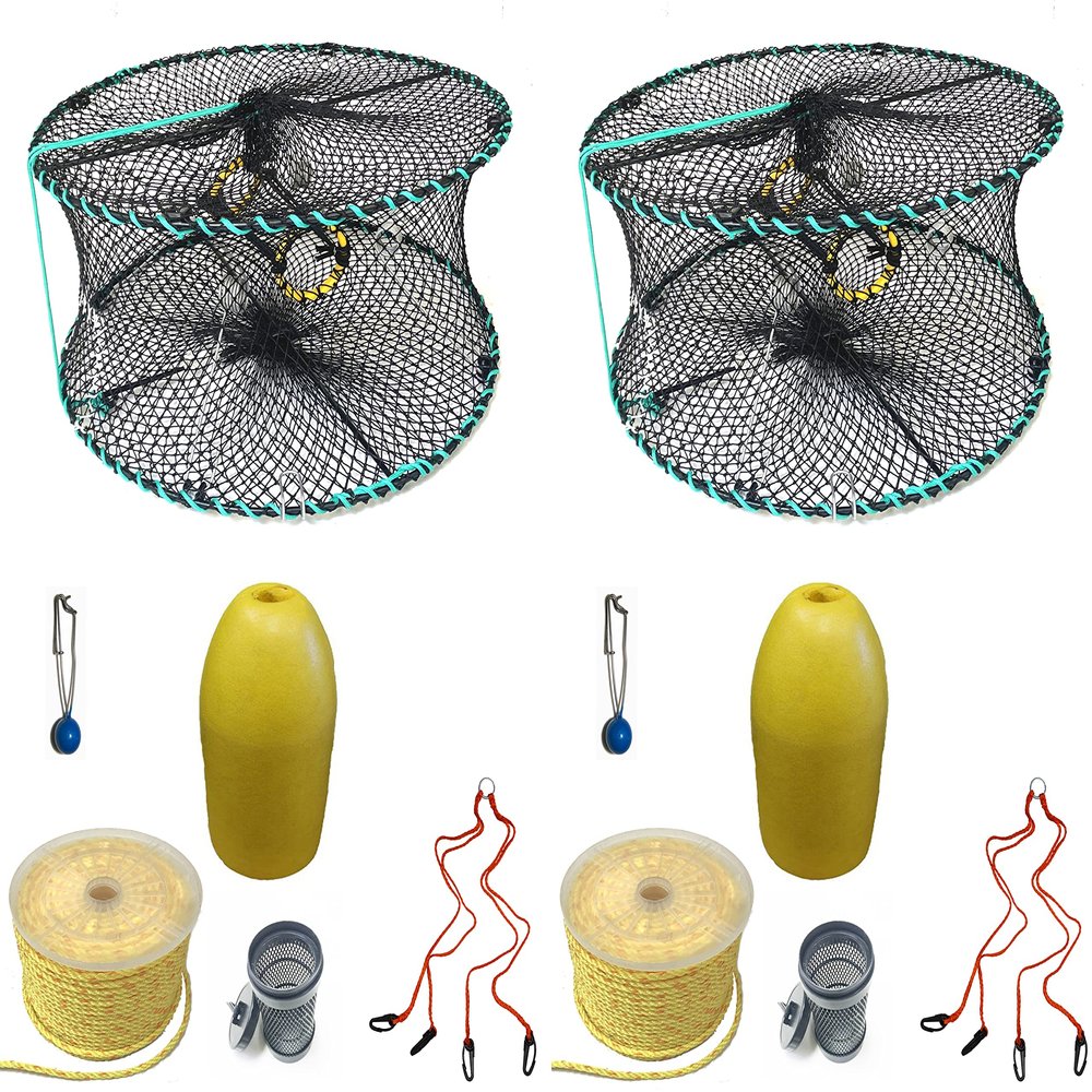 2-Pack of KUFA Sports Foldable Prawn Trap (Stretched Mesh Size:1-1/8") with 400' Rope, Yellow Float, Bait Bag & Harness Combo ((PRN58+PNP3+HA2) X2)