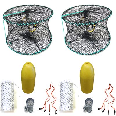 2-Pack of KUFA Sports Foldable Prawn Trap (Stretched Mesh Size:1-1/8") with 400' Rope, Yellow Float, Bait Bag & Harness Combo (PRN58+PNMH3+HA2) X2