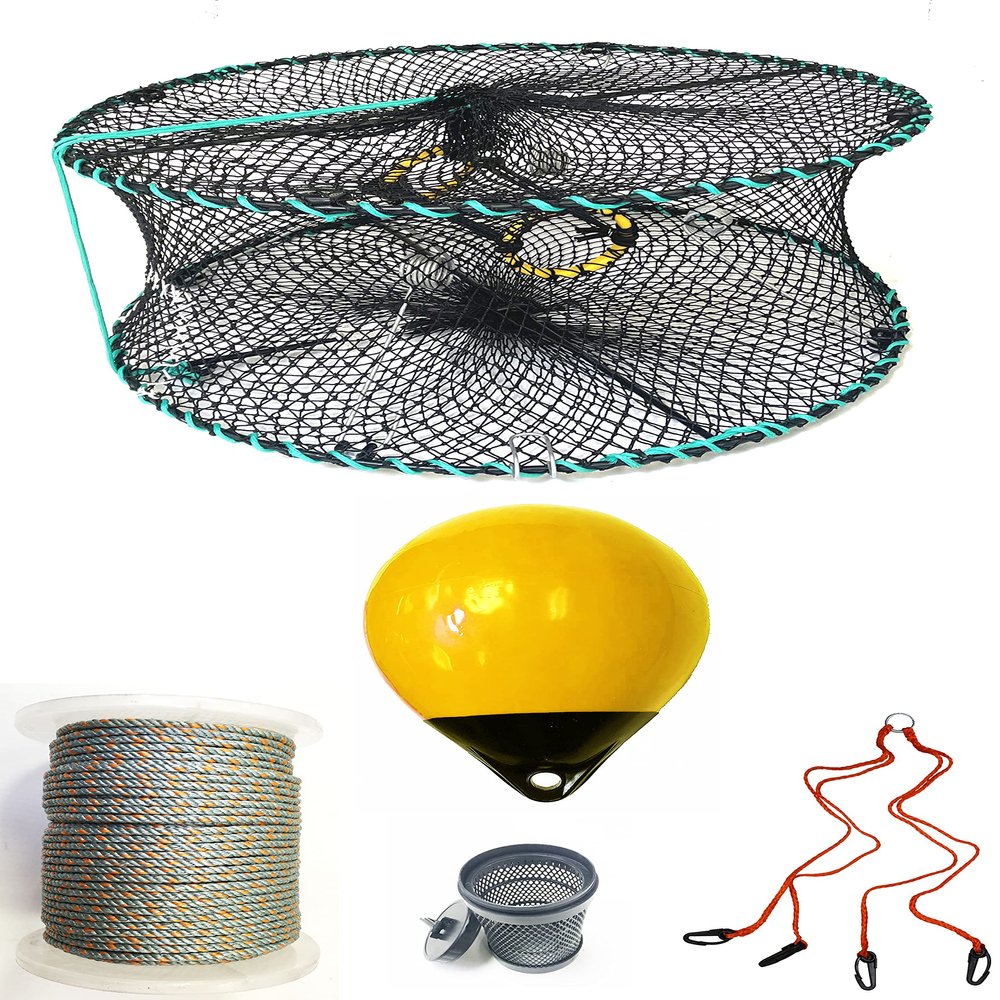 KUFA Sports Foldable Prawn Trap (Stretched Mesh Size:1-1/8") with 400' Rope, Yellow Float, Bait Bag & Harness Combo (PRN58+PNL30Y+HA2)