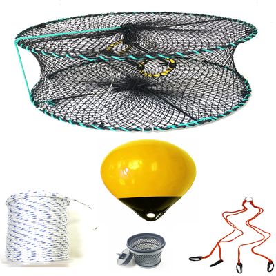 KUFA Sports Foldable Prawn Trap (Stretched Mesh Size:1-1/8") with 400' Rope, Yellow Float, Bait Bag & Harness Combo (PRN58+PNS30Y+HA2)