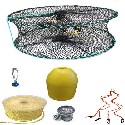 KUFA Sports Foldable Prawn Trap (Stretched Mesh Size:1-1/8") with 400' Rope, Yellow Float, Bait Bag & Harness Combo (PRN58+PNP3+HA2)