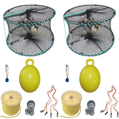 2-Pack of KUFA Sports Foldable Prawn Trap (Stretched Mesh Size:1-1/8") with 400' Rope, Yellow Float, Bait Bag & Harness Combo ((PRN58+PNP5+HA2) X2)