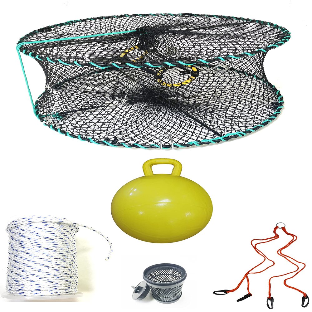 KUFA Sports Foldable Prawn Trap (Stretched Mesh Size:1-1/8") with 400' Rope, Yellow Float, Bait Bag & Harness Combo (PRN58+PNM5+HA2)