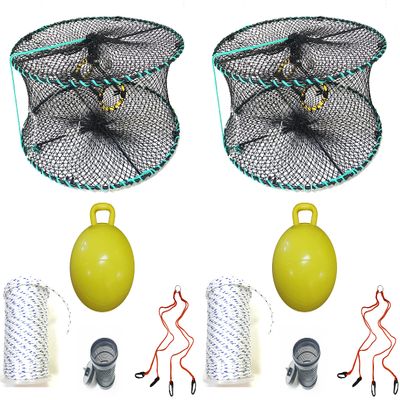 2-Pack of KUFA Sports Foldable Prawn Trap (Stretched Mesh Size:1-1/8") with 400' Rope, Yellow Float, Bait Bag & Harness Combo (PRN58+PNMH5+HA2) X2