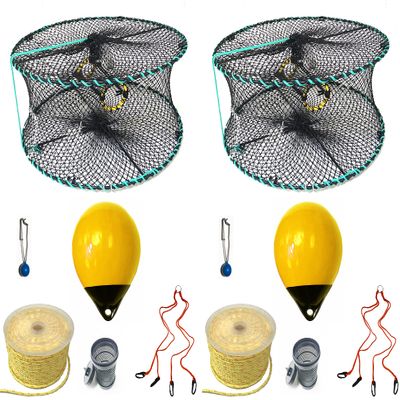 2-Pack of KUFA Sports Foldable Prawn Trap (Stretched Mesh Size:1-1/8") with 400' Rope, Yellow Float, Bait Bag & Harness Combo (PRN58+PNP38Y+HA2) X2