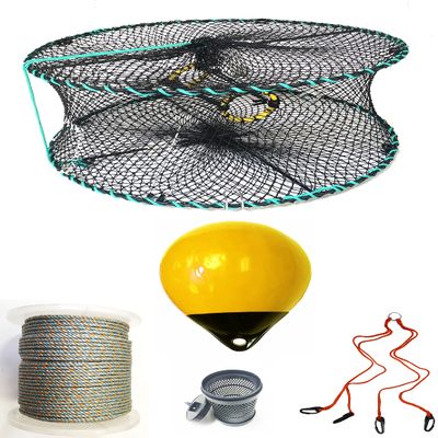 KUFA Sports Foldable Prawn Trap (Stretched Mesh Size:1-1/8") with 400' Rope, Yellow Float, Bait Bag & Harness Combo (PRN58+PNQ30Y+HA2)