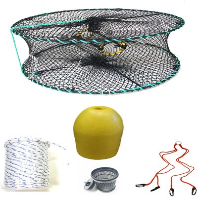 KUFA Sports Foldable Prawn Trap (Stretched Mesh Size:1-1/8") with 400' Rope, Yellow Float, Bait Bag & Harness Combo (PRN58+PNS3+HA2)