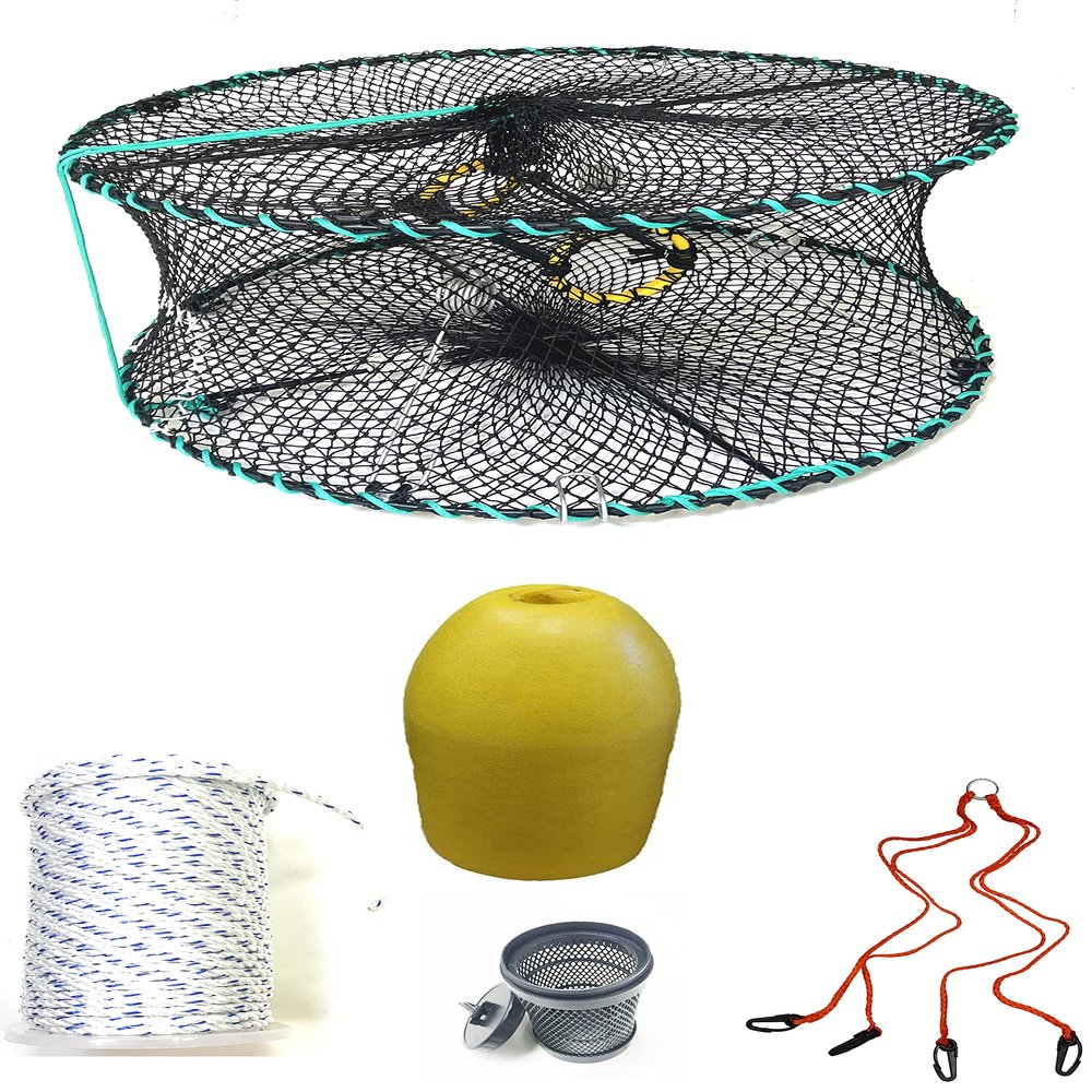 KUFA Sports Foldable Prawn Trap (Stretched Mesh Size:1-1/8") with 400' Rope, Yellow Float, Bait Bag & Harness Combo (PRN58+PNS3+HA2)