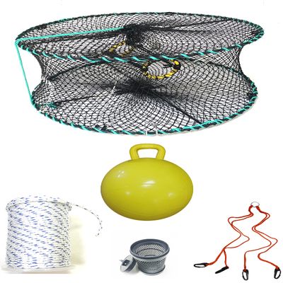 KUFA Sports Foldable Prawn Trap (Stretched Mesh Size:1-1/8") with 400' Rope, Yellow Float, Bait Bag & Harness Combo (PRN58+PNS5+HA2)