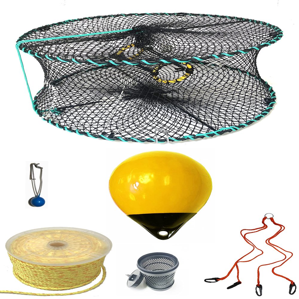 KUFA Sports Foldable Prawn Trap (Stretched Mesh Size:1-1/8") with 400' Rope, Yellow Float, Bait Bag & Harness Combo (PRN58+PNP38Y+HA2)